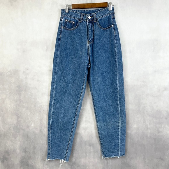 Barrel Leg Women Jeans XS Y2K High Waisted Raw Hem Grunge Indie Go See Shein - Picture 1 of 10